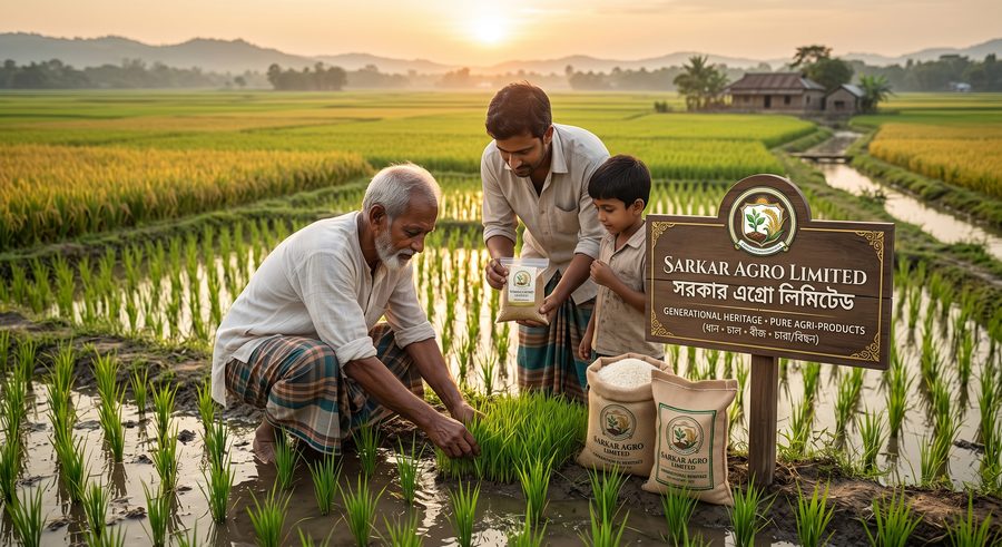 তিন প্রজন্ম একসাথে ধানক্ষেতে চারা রোপণ করছেন — পাশে সরকার এগ্রো লিমিটেডের চালের বস্তা ও সাইনবোর্ড