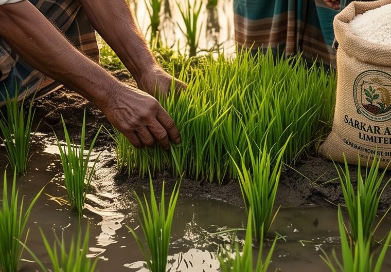কৃষকের হাতে সবুজ ধানের চারা রোপণ